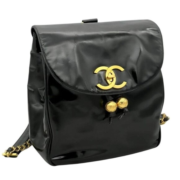 Chanel CC Vintage Backpack Bag Patent Leather Black Turnlock Chain main image 6